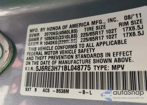 2011 Honda Cr-V Ex-L from USA, damaged, VIN 5J6RE3H71BL048775
